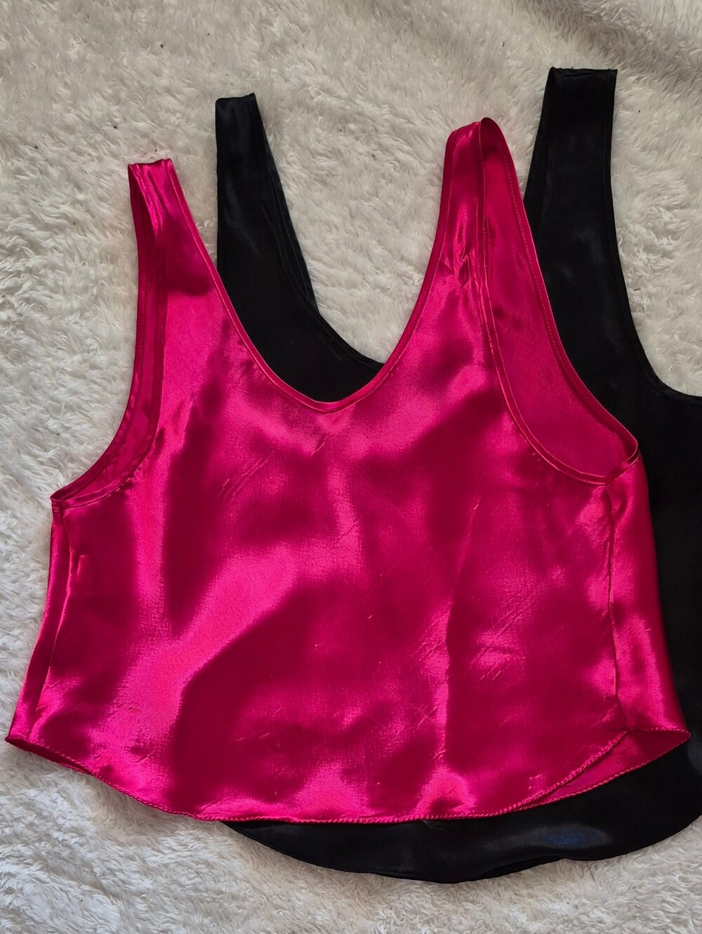Satin Silky  Scoop Neck Tank Top - Hot Pink And Black